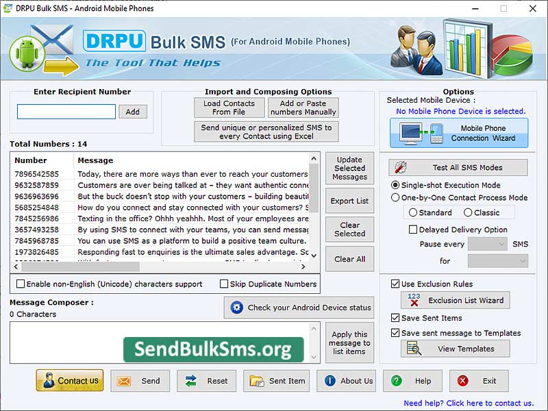 Screenshot of Android SMS Sender Software