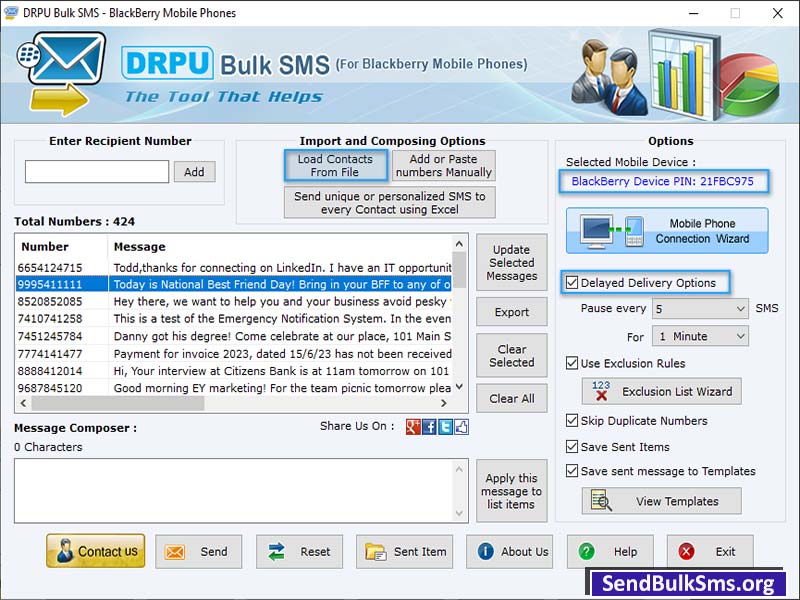 Screenshot of BlackBerry SMS Software 6.9.2