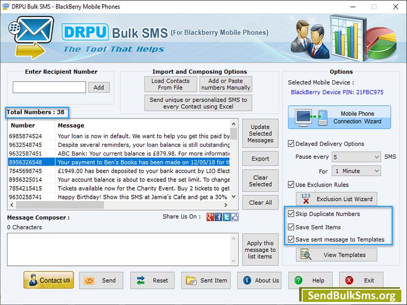Screenshot of Send Bulk SMS for BlackBerry Mobile