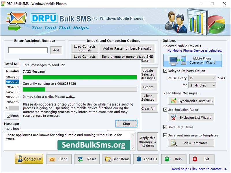 Screenshot of Send Bulk SMS for Windows based Mobile