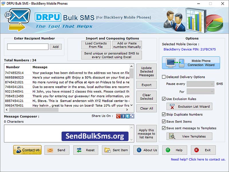 Screenshot of Blackberry Text SMS Program 6.6.6