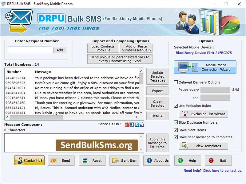 Windows 7 Send Bulk SMS for BlackBerry Mobile 6.6.1 full