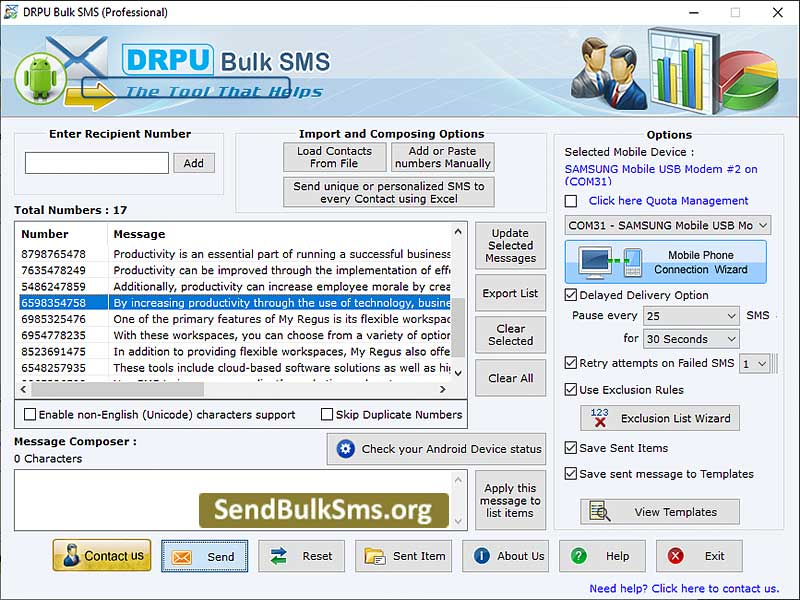 Screenshot of GSM Mobiles Bulk SMS Software