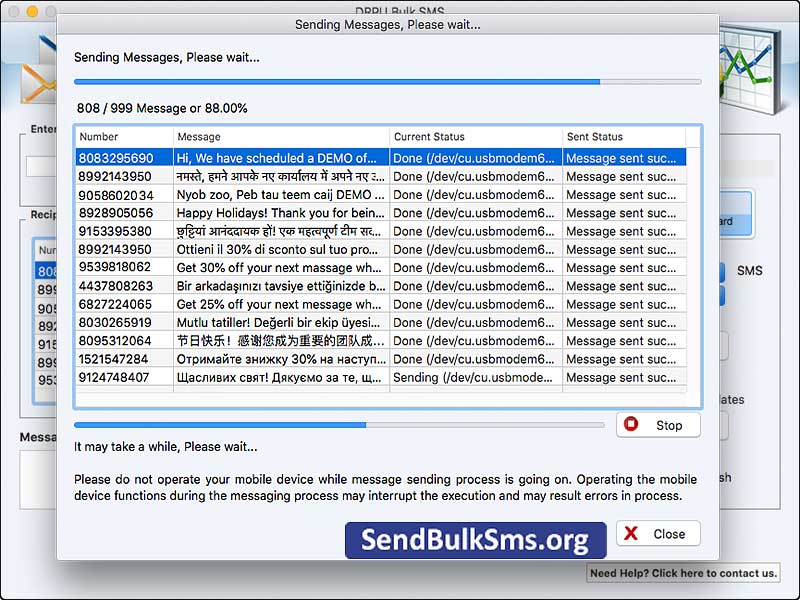 Screenshot of Send Bulk SMS GSM Application