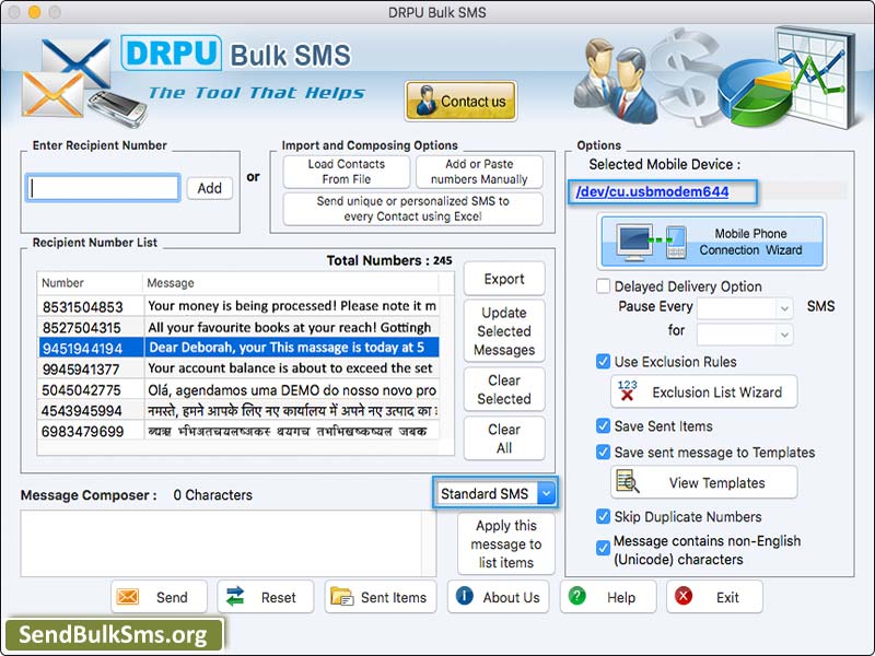 Screenshot of Mac Send Bulk SMS for GSM Mobile