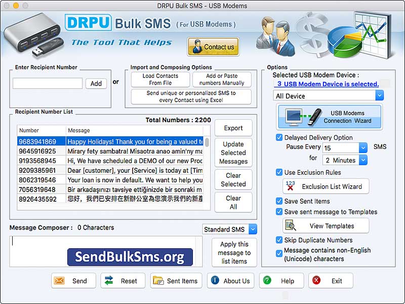 Screenshot of Mac Send Bulk SMS for USB Modem