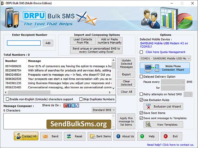 Screenshot of Send Bulk Text SMS Software